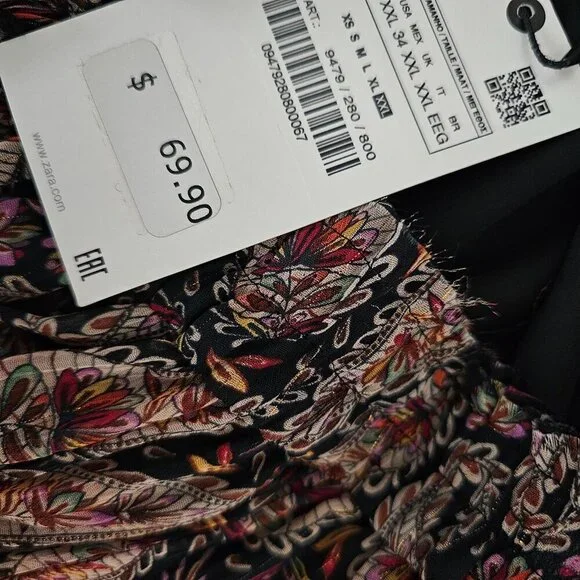 ZARA New Paisley Floral Print Metallic Boho Tiered Full Black Midi Skirt - Picture 9 of 13